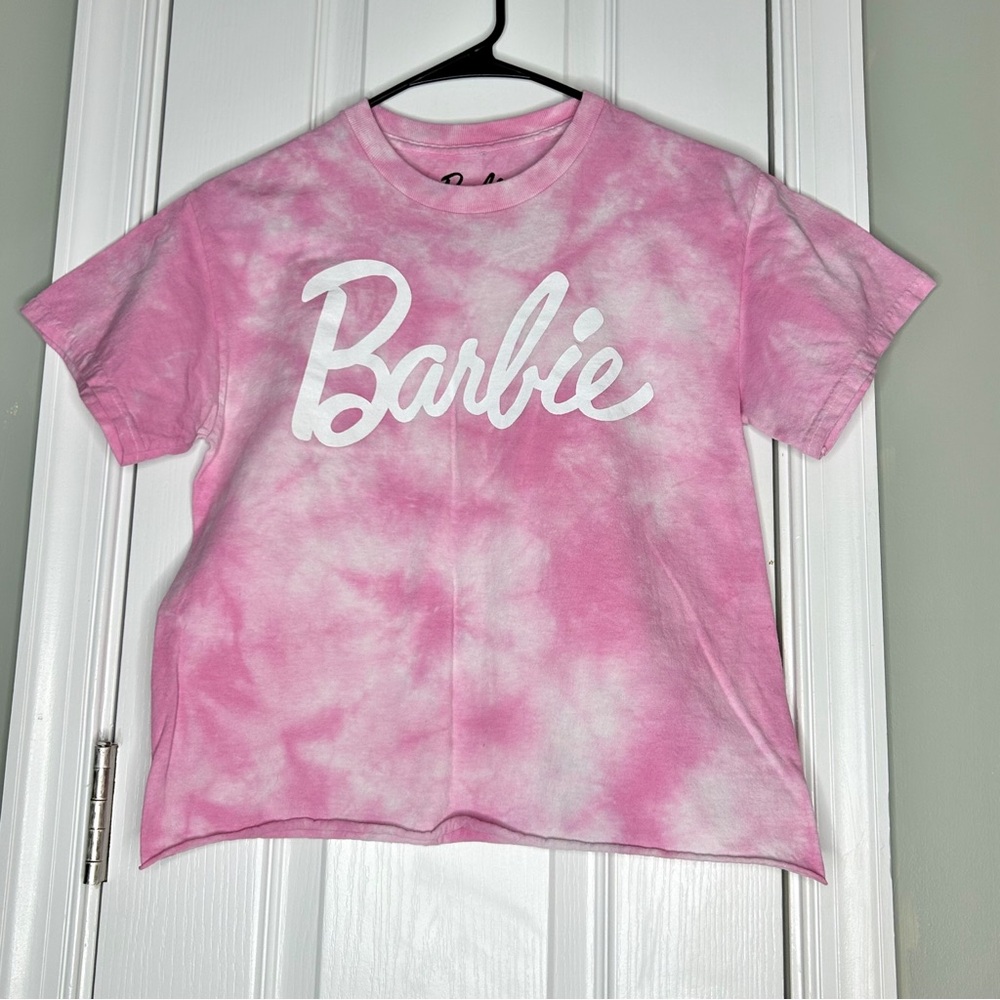 Barbie Pink White Tie-Dye Short Sleeve Cropped Crewneck Tee-Shirt Raw Hem Small